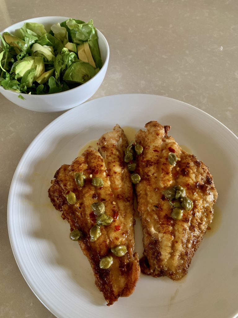 Cod Tails with Lemon, Capers and Chilli Village Greens, Charlesworth